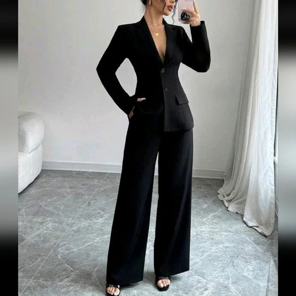 2pcs Women's Elegant Commuting Outfit: Straight Shoulder Long Sleeve - Picture 3 of 4